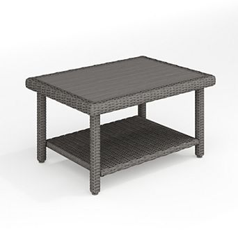 Martha Stewart Outdoor Rattan Wicker Patio Coffee Table with Engineered Wood Top