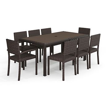 Martha Stewart 9 pc Outdoor Rattan Wicker Patio Dining Set with 8 Stack Chairs and 71" Table