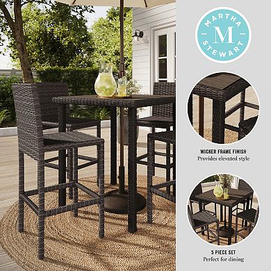 Martha Stewart 5-Piece Outdoor Rattan Wicker Patio Set with 4 Bar Stools, Bar Height Table