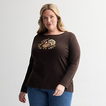 Plus Size Croft & Barrow® Harvest Motif Tee with Rounded Hem