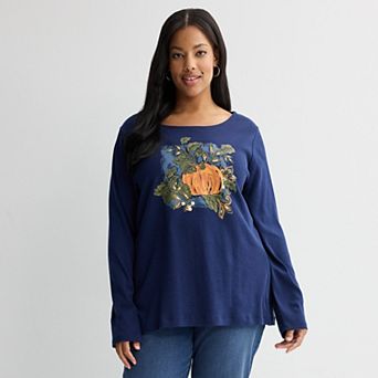 Plus Size Croft & Barrow® Harvest Motif Tee with Rounded Hem