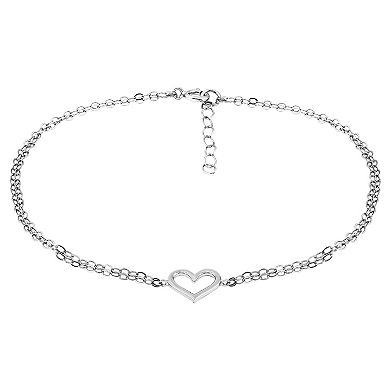 Aleure Precioso Sterling Silver Double Chain Open Heart Anklet