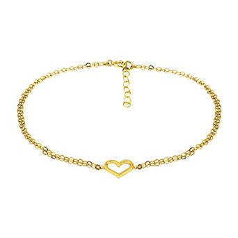 Aleure Precioso Sterling Silver Double Chain Open Heart Anklet