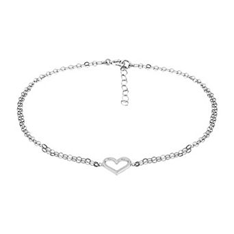 Aleure Precioso Sterling Silver Double Chain Open Heart Anklet