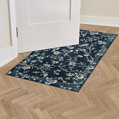 Laura Ashley Dark Navy Aria Floral Border Washable Area Rug