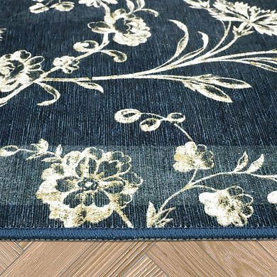 Laura Ashley Dark Navy Aria Floral Border Washable Area Rug