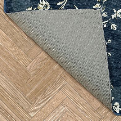Laura Ashley Dark Navy Aria Floral Border Washable Area Rug