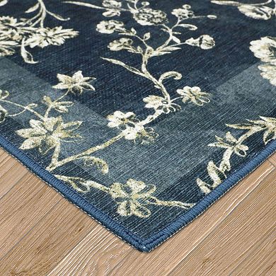 Laura Ashley Dark Navy Aria Floral Border Washable Area Rug