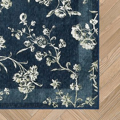 Laura Ashley Dark Navy Aria Floral Border Washable Area Rug