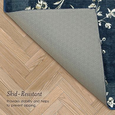Laura Ashley Dark Navy Aria Floral Border Washable Area Rug
