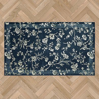 Laura Ashley Dark Navy Aria Floral Border Washable Area Rug