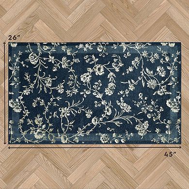 Laura Ashley Dark Navy Aria Floral Border Washable Area Rug