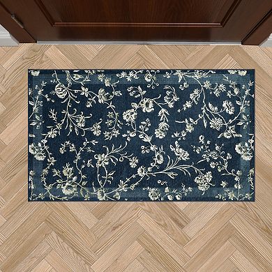 Laura Ashley Dark Navy Aria Floral Border Washable Area Rug