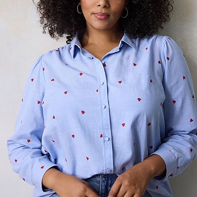 Plus Size LC Lauren Conrad Button Front Shirt with Heart Print