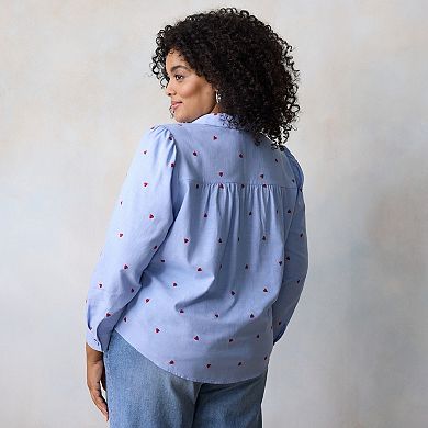 Plus Size LC Lauren Conrad Button Front Shirt with Heart Print