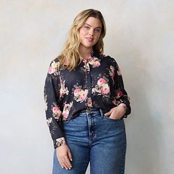 Plus Size LC Lauren Conrad Button Front Shirt with Heart Print