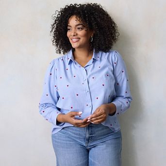 Plus Size LC Lauren Conrad Button Front Shirt with Heart Print