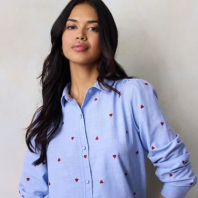 Petite LC Lauren Conrad Button Front Shirt with Heart Print