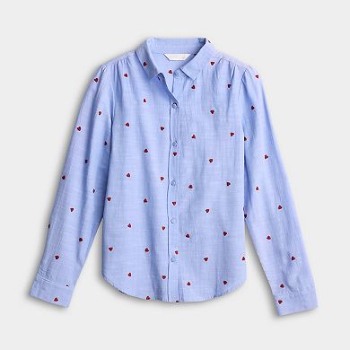 Petite LC Lauren Conrad Button Front Shirt with Heart Print