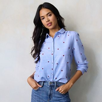 Petite LC Lauren Conrad Button Front Shirt with Heart Print