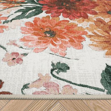 Laura Ashley Beige Dahlias Floral Washable Area Rug