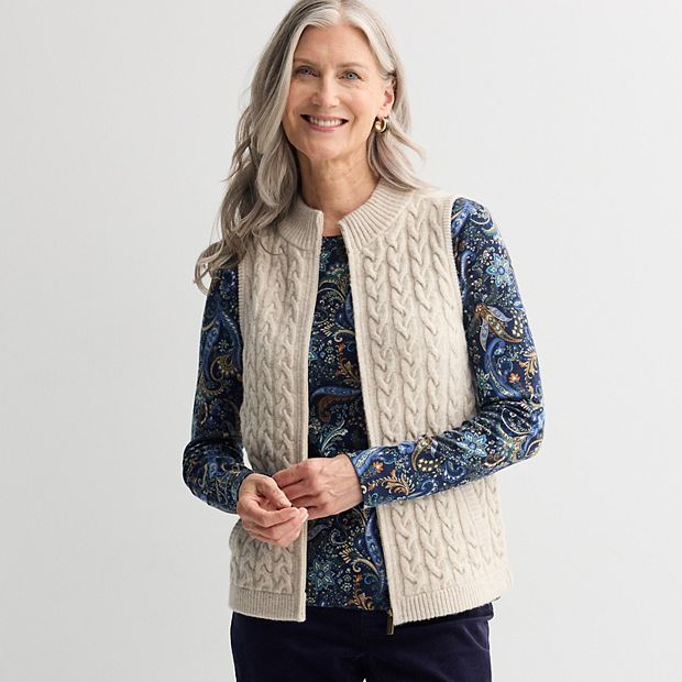 Women's Croft & Barrow Cabled Mini Mock Neck Full Zip Vest