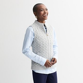 Petite Croft & Barrow® Cabled Mini Mock Neck Full Zip Vest
