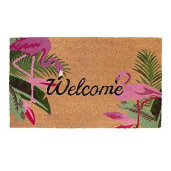 Storm Stopper Coir Pink Flamingo Duo & Palm Leaves Welcome Doormat