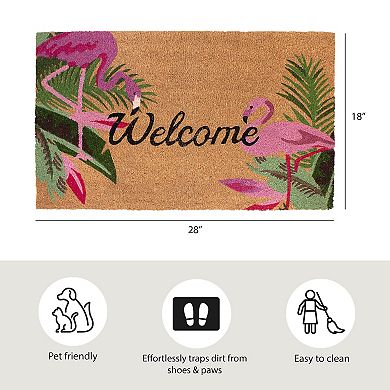 Storm Stopper Coir Pink Flamingo Duo & Palm Leaves Welcome Doormat