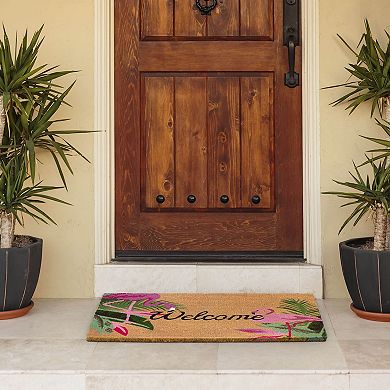 Storm Stopper Coir Pink Flamingo Duo & Palm Leaves Welcome Doormat