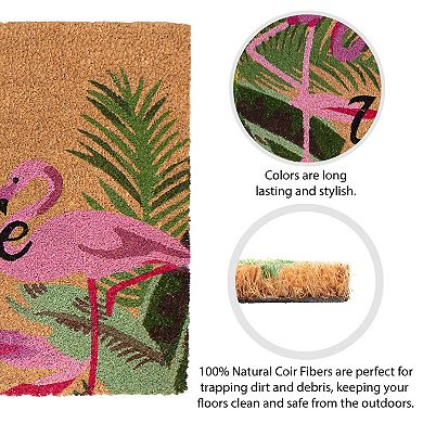 Storm Stopper Coir Pink Flamingo Duo & Palm Leaves Welcome Doormat
