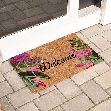 Storm Stopper Coir Pink Flamingo Duo & Palm Leaves Welcome Doormat
