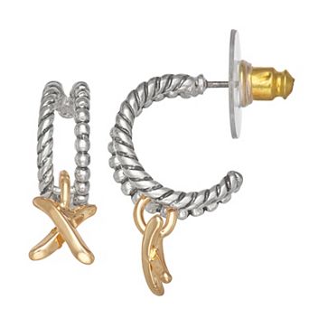 Napier Two Tone 15 mm Mixed Stars C-Hoop Earrings