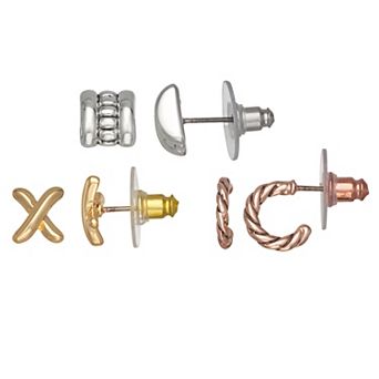 Napier 3 pc Tri-Tone Mixed Stars Stud Earrings