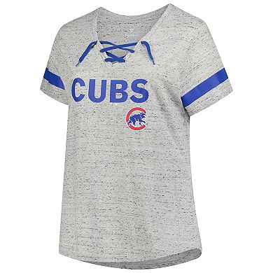 Women's Profile Heather Gray Chicago Cubs Raglan Lace-Up Fleck T-Shirt