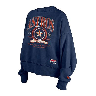 Women's New Era Navy Houston Astros Throwback Boxy Enzyme Wash Fleece Crewneck Pullover