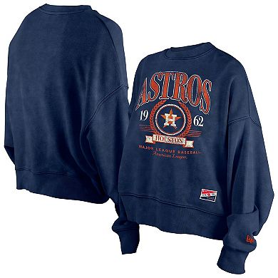 Women's New Era Navy Houston Astros Throwback Boxy Enzyme Wash Fleece Crewneck Pullover