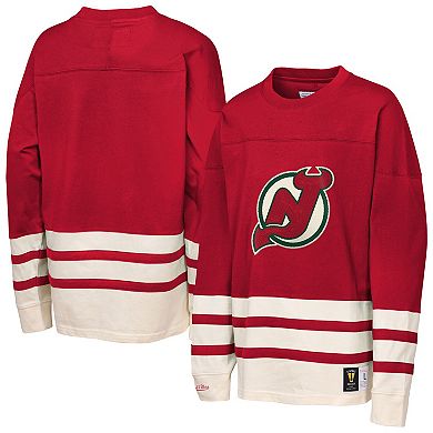 Youth Mitchell & Ness Red New Jersey Devils Chainstitch Heavyweight Long Sleeve Top