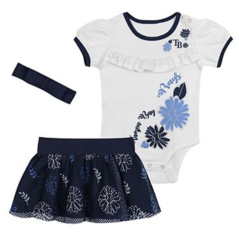 "Newborn White/Navy Tampa Bay Rays Sweet Catcher 3 pc Bodysuit, Headband and Skirt Set"