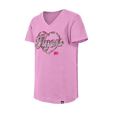 Girl's Youth New Era Pink Philadelphia Flyers Flip Sequin V-Neck T-Shirt