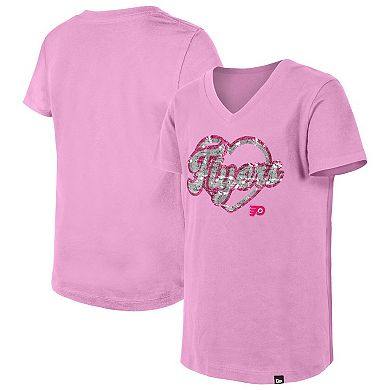 Girl's Youth New Era Pink Philadelphia Flyers Flip Sequin V-Neck T-Shirt