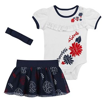 Newborn White/Navy Minnesota Twins Sweet Catcher 3 pc Bodysuit, Headband and Skirt Set