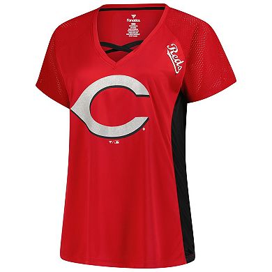 Women's Profile Red Cincinnati Reds Glitter Raglan V-Neck T-Shirt