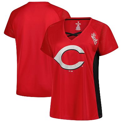 Women's Profile Red Cincinnati Reds Glitter Raglan V-Neck T-Shirt