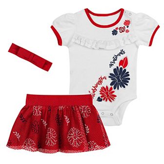 Newborn White/Red Washington Nationals Sweet Catcher 3 pc Bodysuit, Headband and Skirt Set
