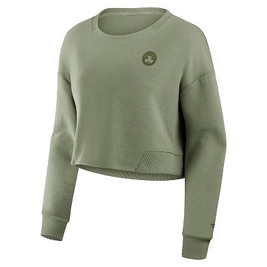 Women's Fanatics Olive Boston Celtics Studio Tri-Blend Cropped Pullover Sweatshirt