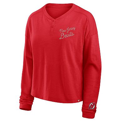 Women's Fanatics Red New Jersey Devils Oversized All Out Effort Long Sleeve Henley T-Shirt