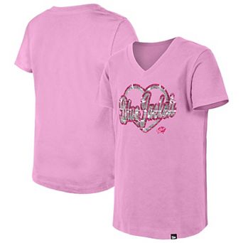 Girl's Youth New Era Pink Columbus Blue Jackets Flip Sequin V-Neck T-Shirt