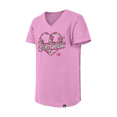 Girl's Youth New Era Pink Columbus Blue Jackets Flip Sequin V-Neck T-Shirt