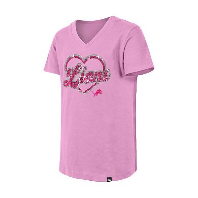 Girls Youth New Era Pink Detroit Lions Flip Sequins V-Neck T-Shirt